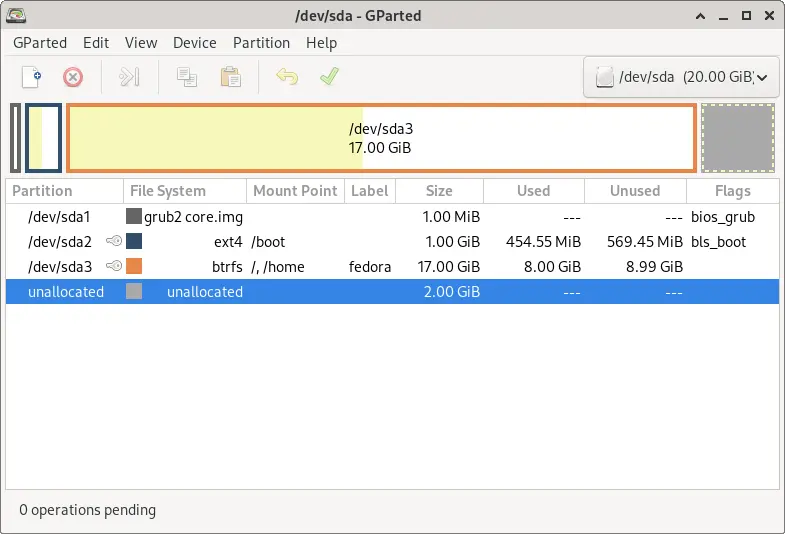 GParted interface showing disk partition layout and operations menu